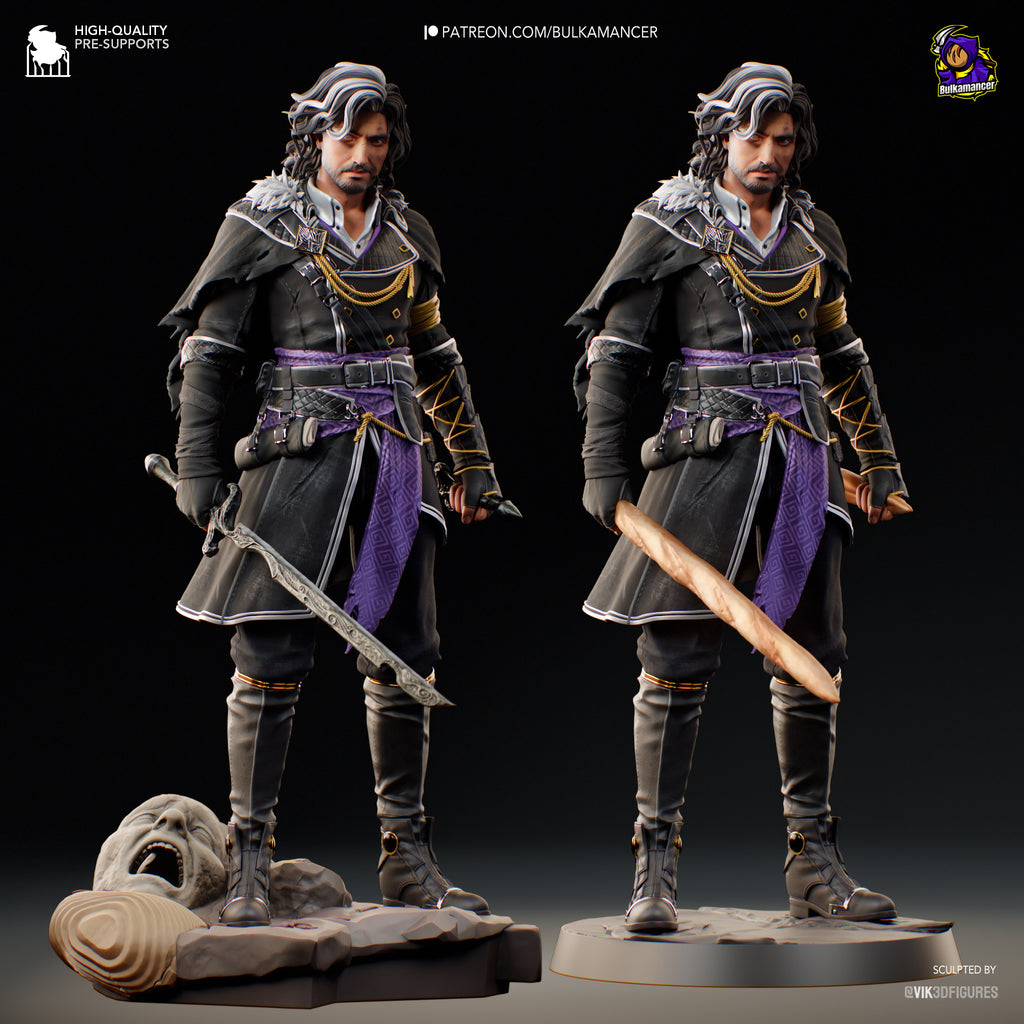 Guerrier élégant aux cheveux bicolores avec épée, pose équilibrée et aura énigmatique - High Quality 14K Resin - NON PEINT