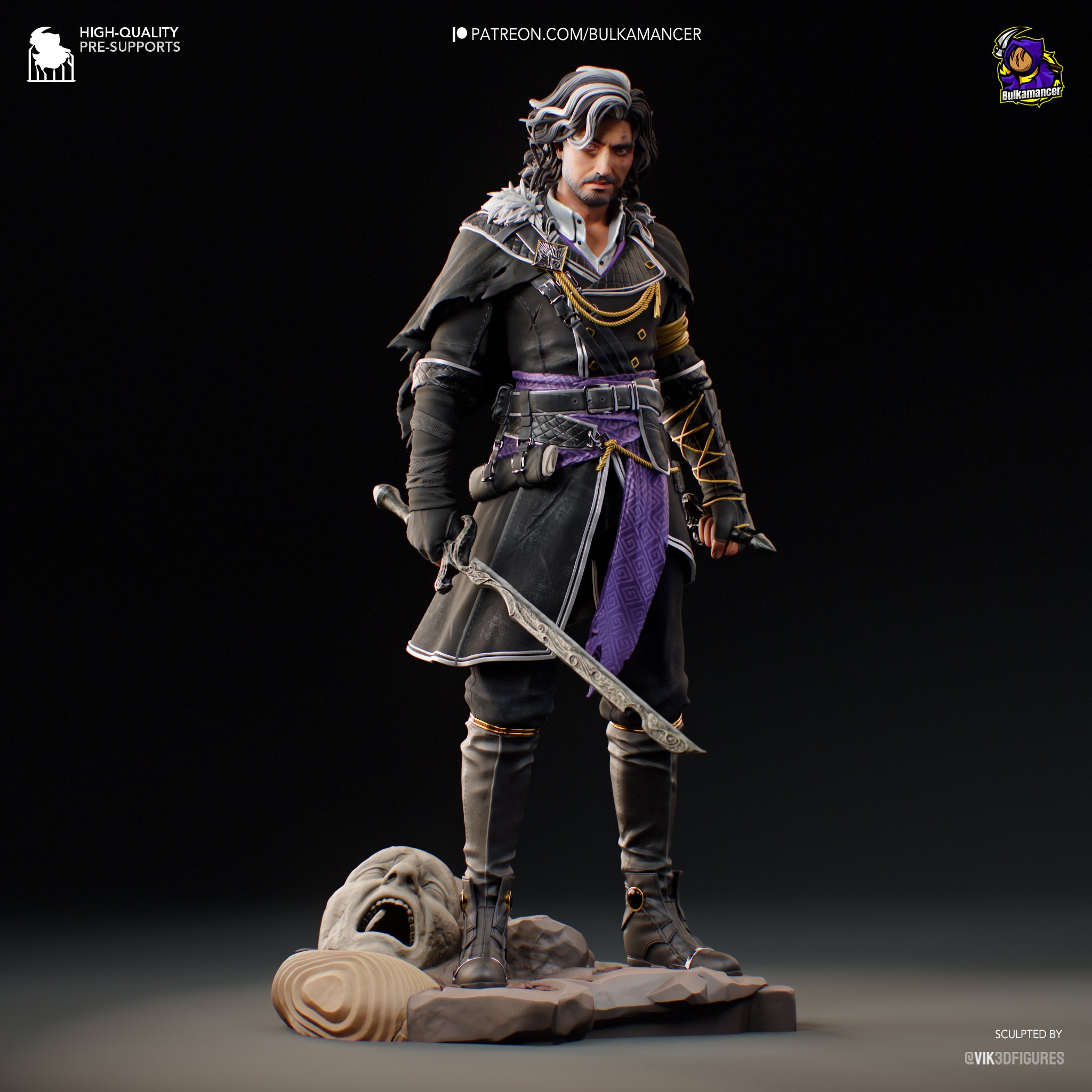 Guerrier élégant aux cheveux bicolores avec épée, pose équilibrée et aura énigmatique - High Quality 14K Resin - NON PEINT