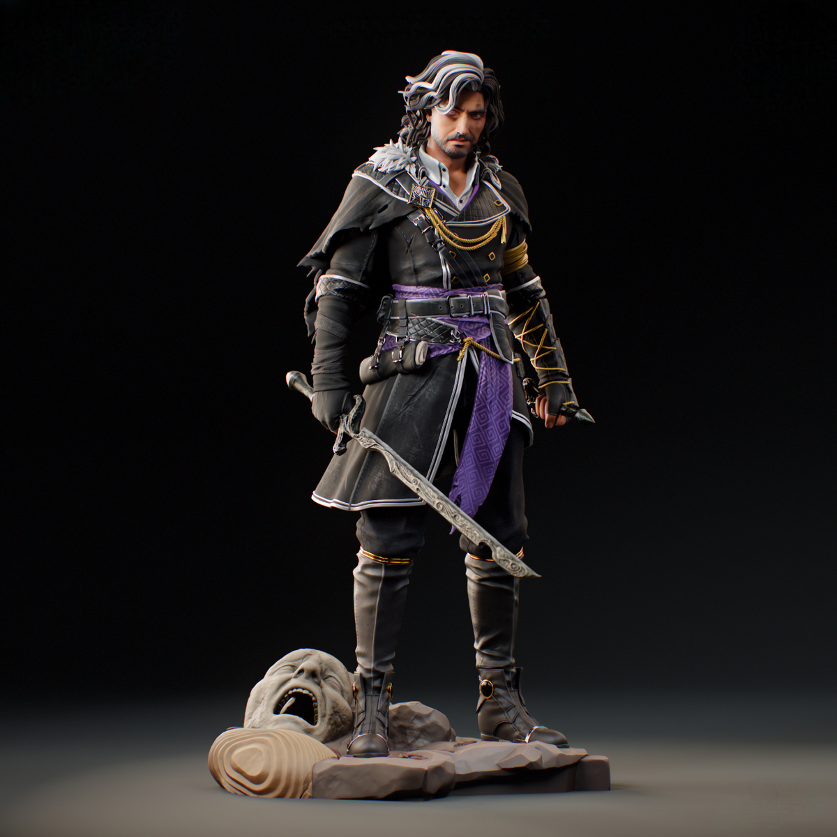 Guerrier élégant aux cheveux bicolores avec épée, pose équilibrée et aura énigmatique - High Quality 14K Resin - NON PEINT
