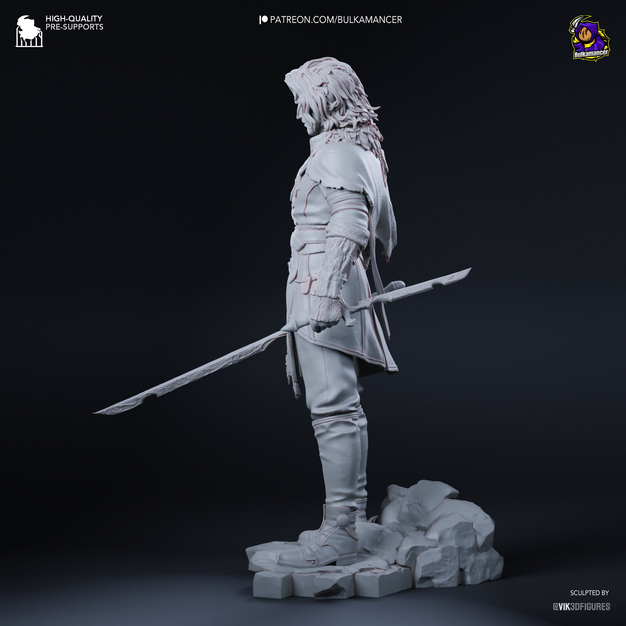 Guerrier élégant aux cheveux bicolores avec épée, pose équilibrée et aura énigmatique - High Quality 14K Resin - NON PEINT